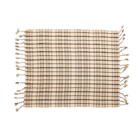 Hello Honey® Charcoal & Brown Woven Recycled Cotton Blend Plaid Throw with Tassels